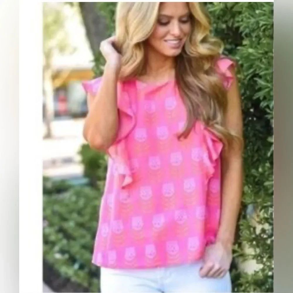 J Marie MAEVE RUFFLE TOP Pink Flower Print Women's Size Small